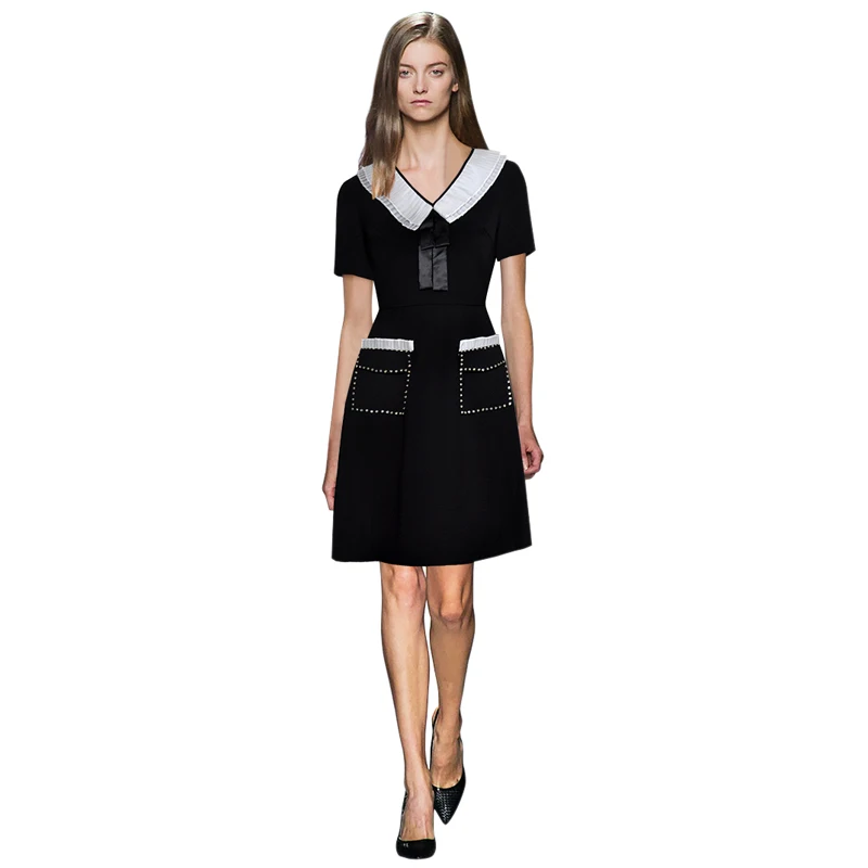 pleated white collar v neck short sleeves crystal pockets a line