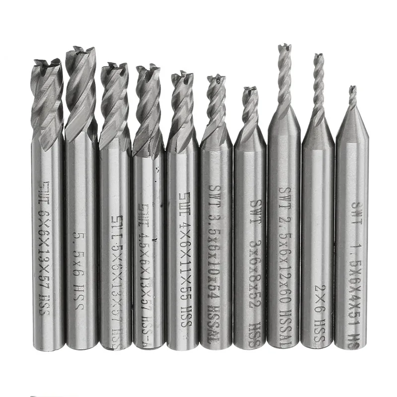 

10Pcs HSS 4 Flute End Mill Cutter 6mm Straight Shank Aluminum CNC Drill Router Bit Set 1.5/2/2.5/3/3.5/4/4.5/5/5.5/6mm