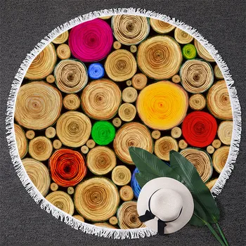 

Nature Wood Large Beach Towel for Adults Kids Tree Annual Ring Tassels Bath Towel Colorful Print Round Beach Blanket
