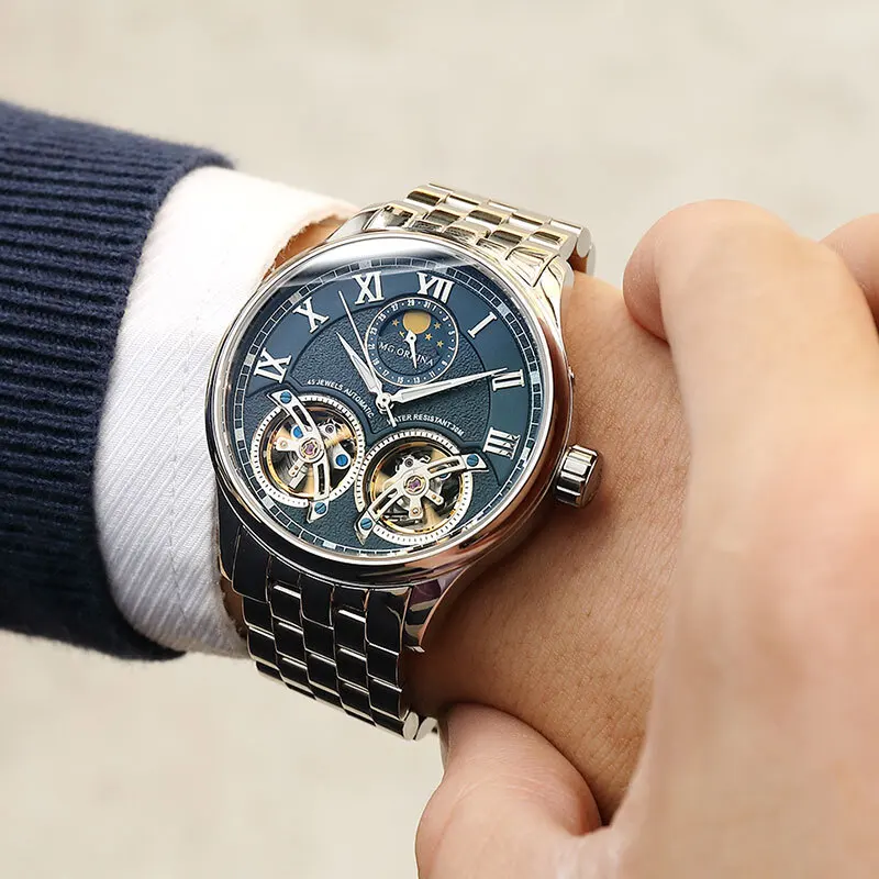 MG. ORKINA, мужские часы с двойным турбийоном, автоматические механические часы с фазой Луны, мужские Модные Бизнес водонепроницаемые прозрачные часы