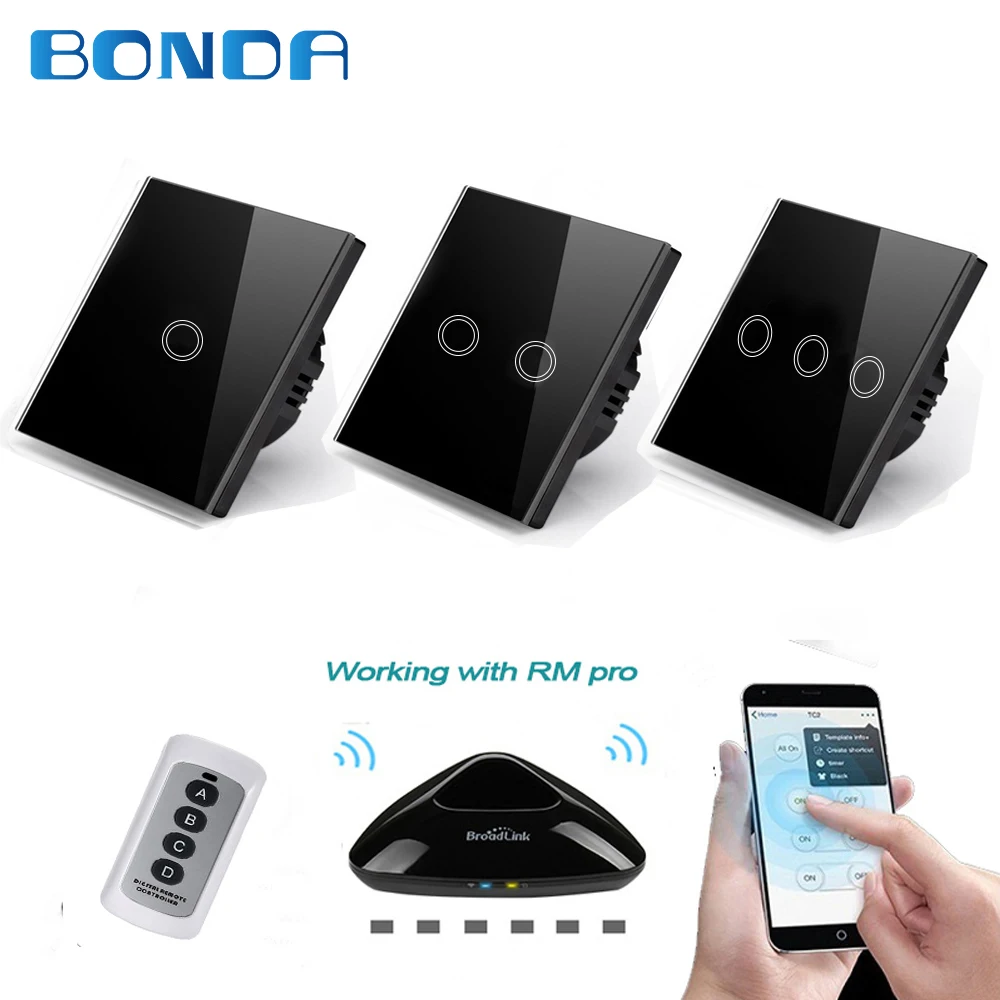 BONDA genuine EU/UK standard 1/2/3 open gold wireless remote control touch switch luxury crystal glass panel wall light switch