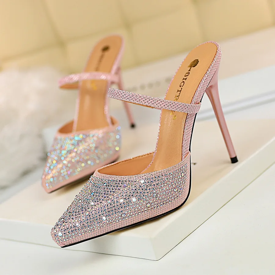 

New Summer Thin Heel Slippers Crystal Sequin High Heels Elastic Strip Sandals Platform European Women's Slipper G8902-2