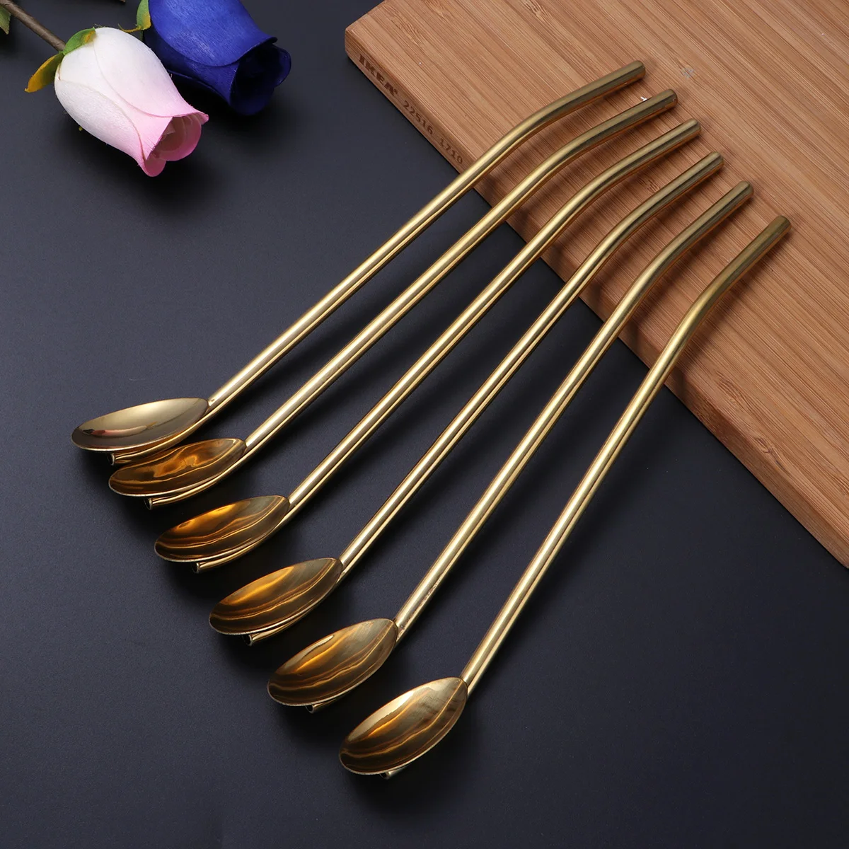 6 Pcs/Pack Stainless Steel Oval Shape Metal Drinking Spoon Straw