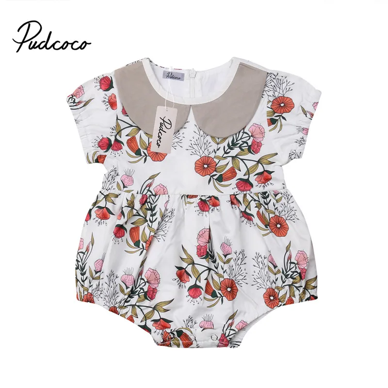 

2019 Summer Cute Newborn Baby Girls Short Sleeve Peter Pan Collar Floral Romper Jumpsuit Outfits Princess Girls Holiday Clothes