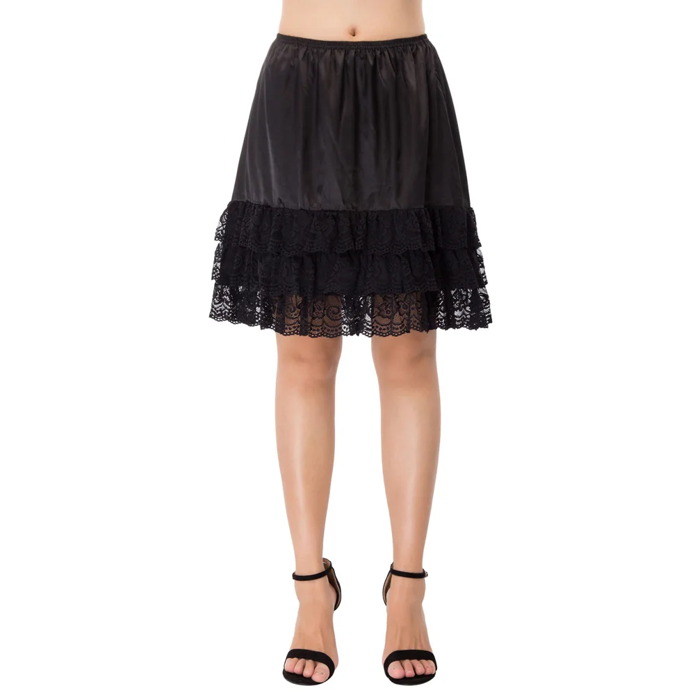 

Gk 2019 Summer Women's Smooth & Comfortable Satin Elastic Waist 3-tiers Lace Hollow Hem Women Skirt