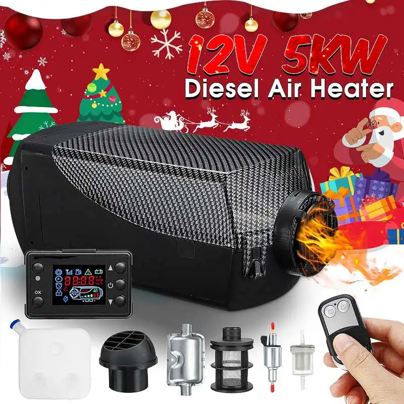 

Car Heater 12V 5000W Carbon Pattern Air Diesels Fuel Heater Single Hole With Remote Silencer 10L Tank 5Kw For Trucks Boats Etc