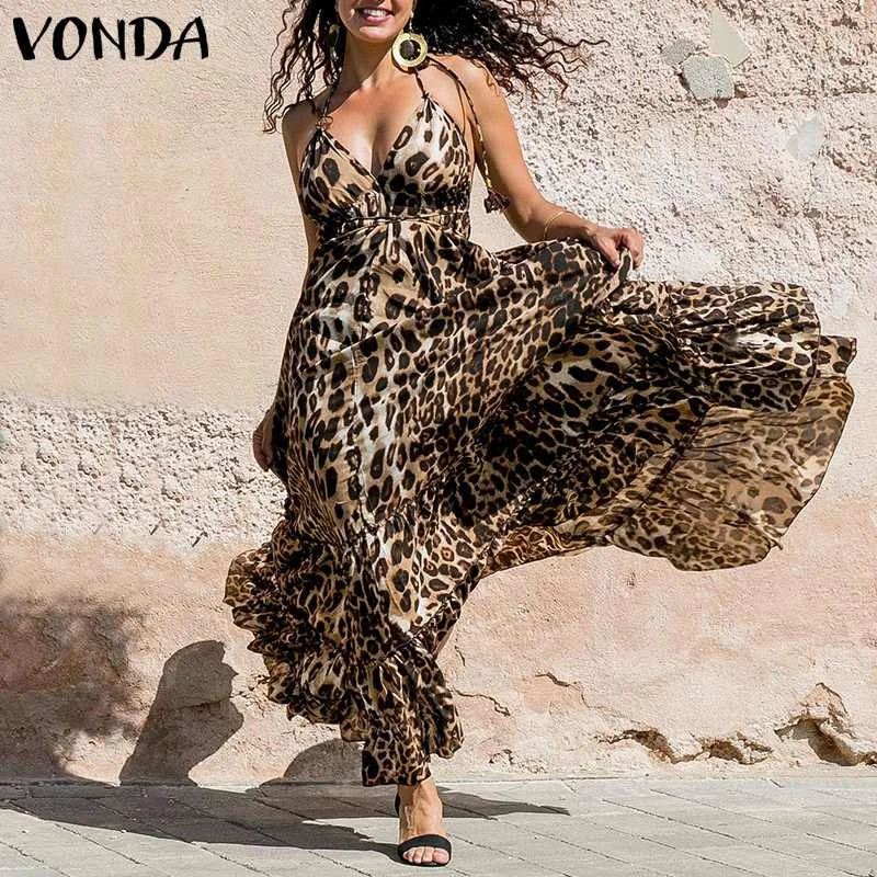 VONDA, летнее леопардовое платье, женское, сексуальное, на тонких бретелях, с рюшами, качели, макси, длинное платье размера плюс, без рукавов, вечерние платья