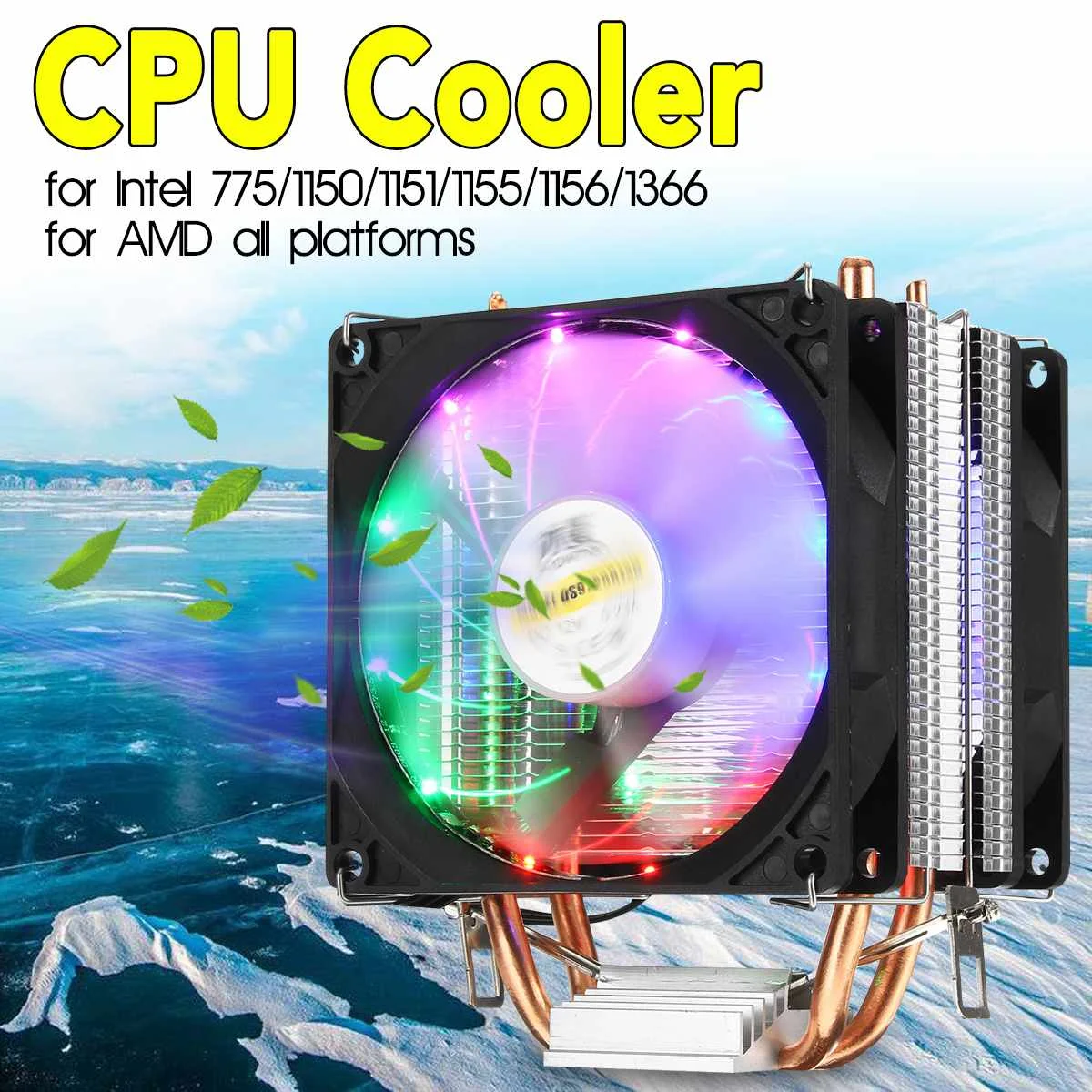 2 Heatpipe CPU Cooler Heatsink Quiet Cooling Fans RGB LED for Intel