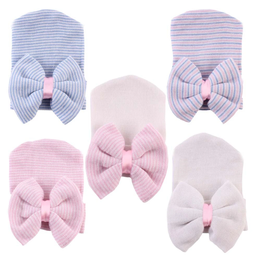 

Lovely Baby Infant Striped Cap Hospital Newborn Soft Beanie Bow Warm Hat 5 Color
