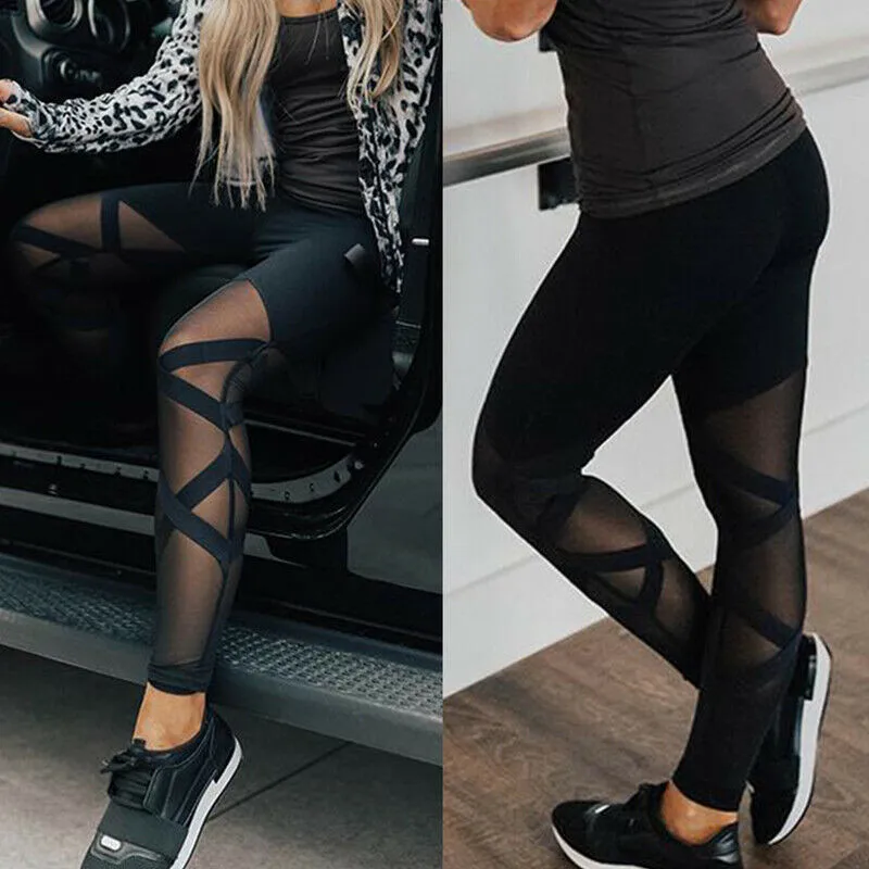 

Women's Sports Pants High Waist Fitness Leggings Running Black Silk Strap Sports Trousers