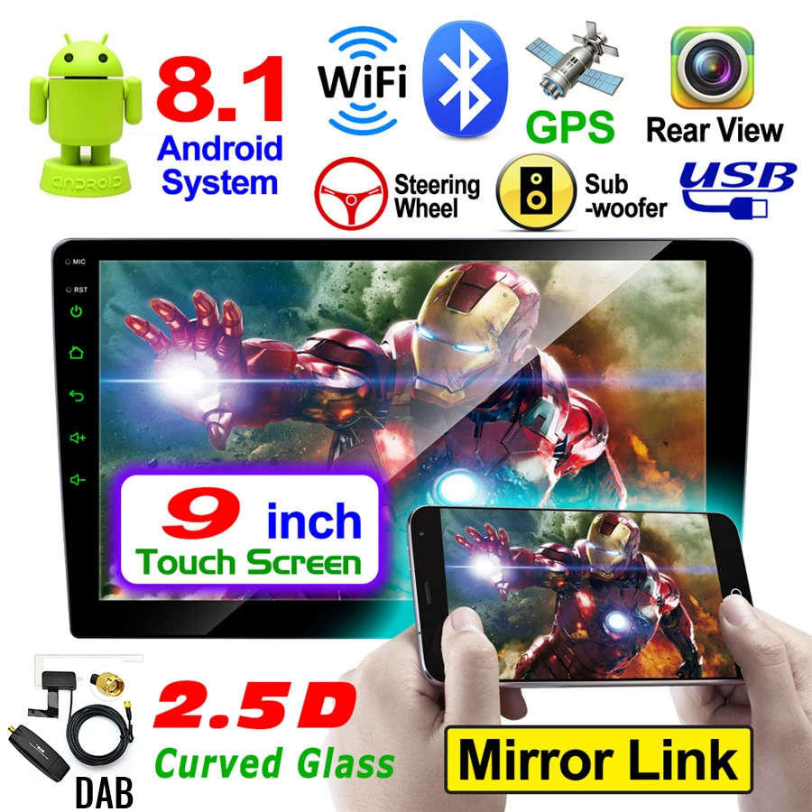 

9" 2DIN Android 8.1 MP5 Player RAM Quad-core Car Stereo Radio AM FM GPS RAM 1GB ROM 16GB Wifi Rear Camera DAB