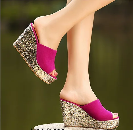 

Casual Open Toe Solid Women Platform Wedges Slippers Bring Super High Women Shoes Outside Summer Slides