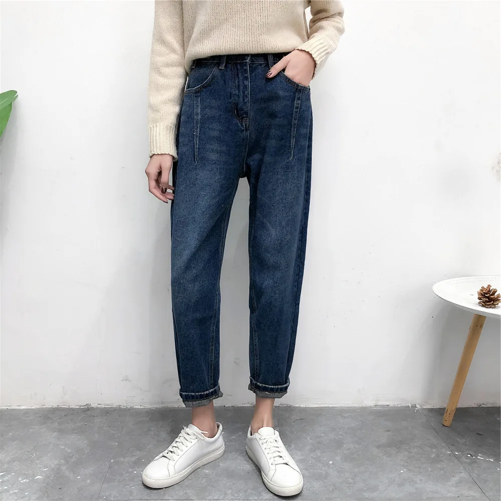 

Spring Autumn Fashion Ripped Jeans Woman High Waist Boyfriend Jeans For Women Blue Harem Denim Mom Jeans Pants Loose Trousers
