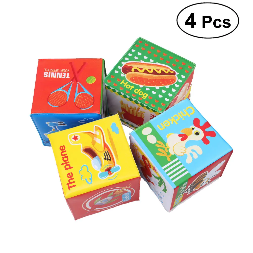 

4pcs Cloth Building Blocks Soft Educational Grab and Stack Rattle Blocks Cubes Toy for Baby Kids Toddler