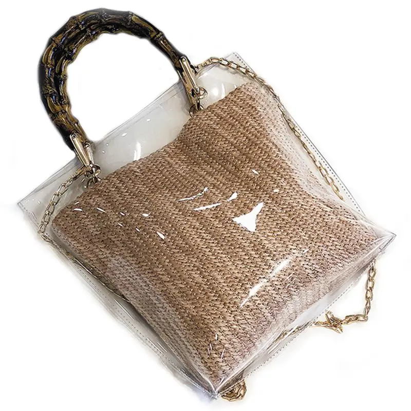 

Summer Small Handbag Transparent Women Hand Bags Chain Straw Bag Lady Travel Beach Shoulder Crossbody Bag Holiday(Khaki)