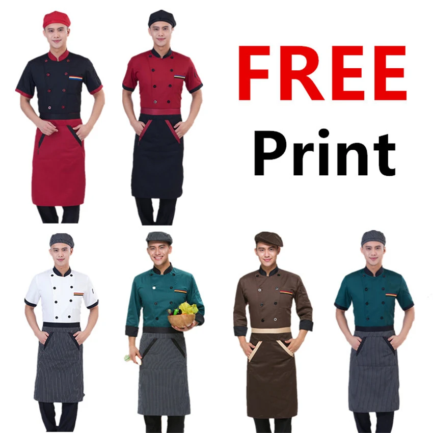 

9Color Chef Restaurant Uniform Free Print LOGO Coat+Apron Food Service for Adult Work Wear Long&Short Sleeves Chefs Cltohes