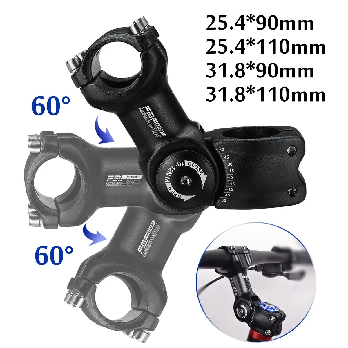 

Bicycle Stem 60 Degree Adjustable 25.4-31.8mm*90mm/110mm Stem for XC AM MTB Mountain Road Bicycle Part Aluminum Bicycle Stem