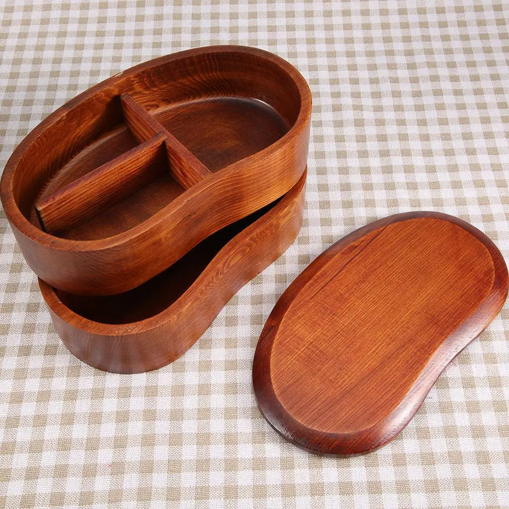 New Wooden Lunch Box 2 Layer Food Storage Container School Picnic Bento