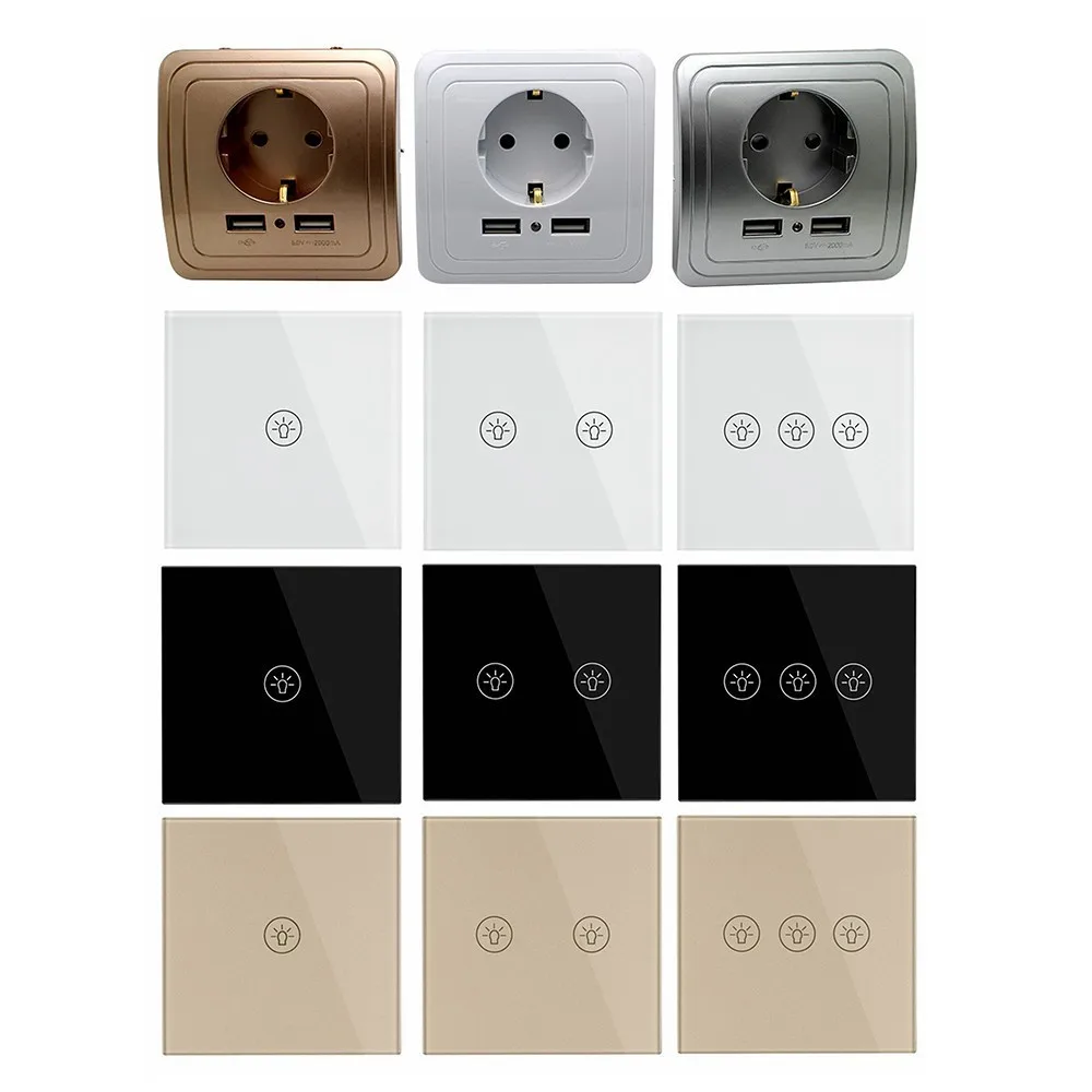 Wall Touch Switch EU/UK And EU Plug Socket Dual USB Switches White Black Gold Crystal Glass 1 2 3 Gang 1 Way From Makerele