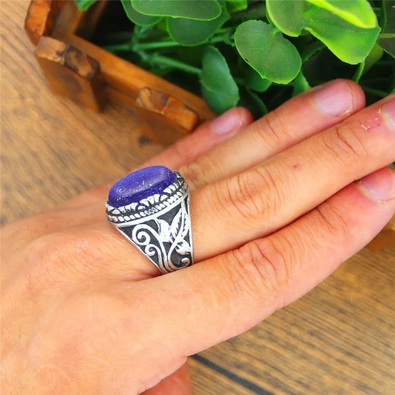 Oval Lapis Lazuli Stainless Steel Rings Natural Stone Leaf Plant Vintage Fashion Jewelry TR730