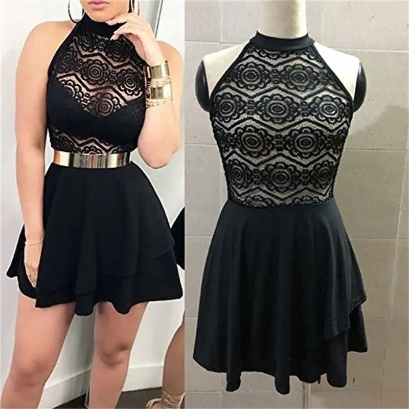 

New Women Summer Lace Floral Short Mini Dress Party Clubwear Dresses Vest Sundress Sleeveless Hollow Pleated Elegant Dress