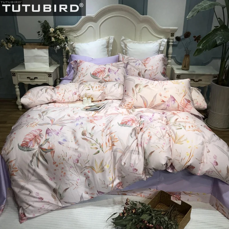 

Egyptian cotton bed linen sheets Soft Satin leaf frond print bedding sets pastoral duvet cover pillowcases bedspreads