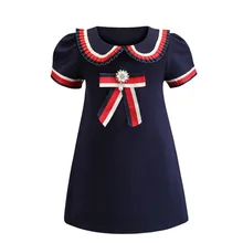 Коллекция года, весенне-летние детские платья хлопковое качественное платье для девочек с круглым вырезом, короткими рукавами и бантом в духе колледжа детская одежда для девочек возрастом от 2 до 8 лет