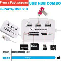 Высокая скорость 3 порты и разъёмы USB 2,0 концентратор Combo + Card Reader для портативных ПК выход питание