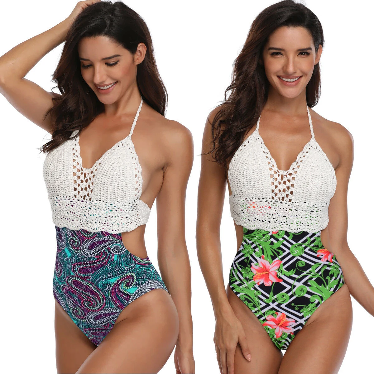

Hirigin Knitted Sexy Swimwear Women One Piece Swimsuit 2019 New Bandage Printed Patchwork Padded Monokini Beach Bathing Suit