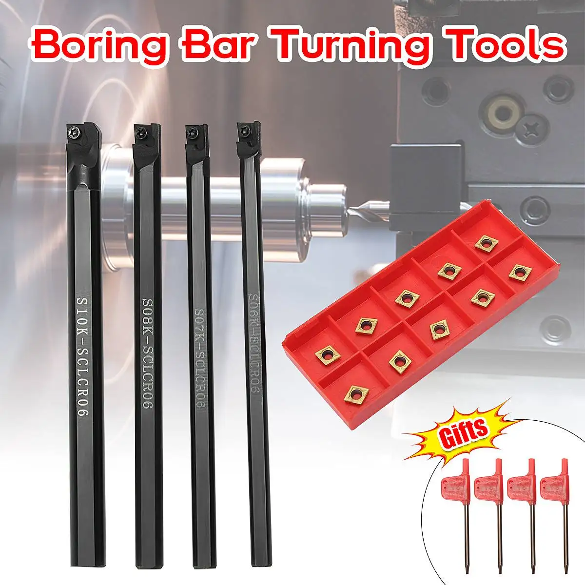 

4Pcs SCLCR06 Boring Bar Lathe Turning Tool Holder with 10Pcs CCMT060204-HM Carbide Inserts Blade Set with T8 Wrenches