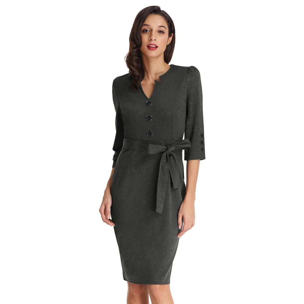 

Gk 2019 Women Dress 3/4 Sleeve Buttons Decorated Bodycon Pencil Dress Matched Belt Concealed Zipper Fashion Women's Dresses