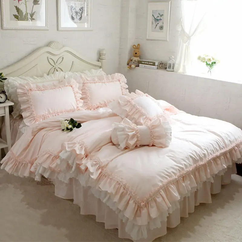 US $107.99 New Embroidery Luxury Layers Bedding Set Sweet Princess Big Ruffle Duvet Cover Wedding Decorative Bedding Bed Sheet Cover Set