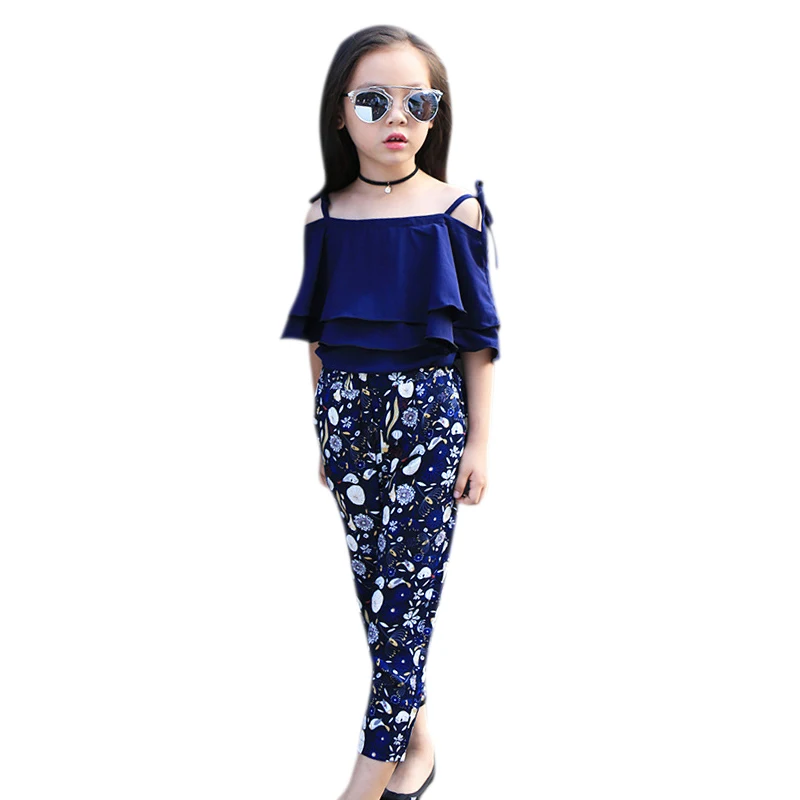 

Clothes Kids Girls Kids Fashion Chiffon Off Shoulder Tops + Floral Pants Two Piece Set Children Summer Suit Girls Outfits Navy