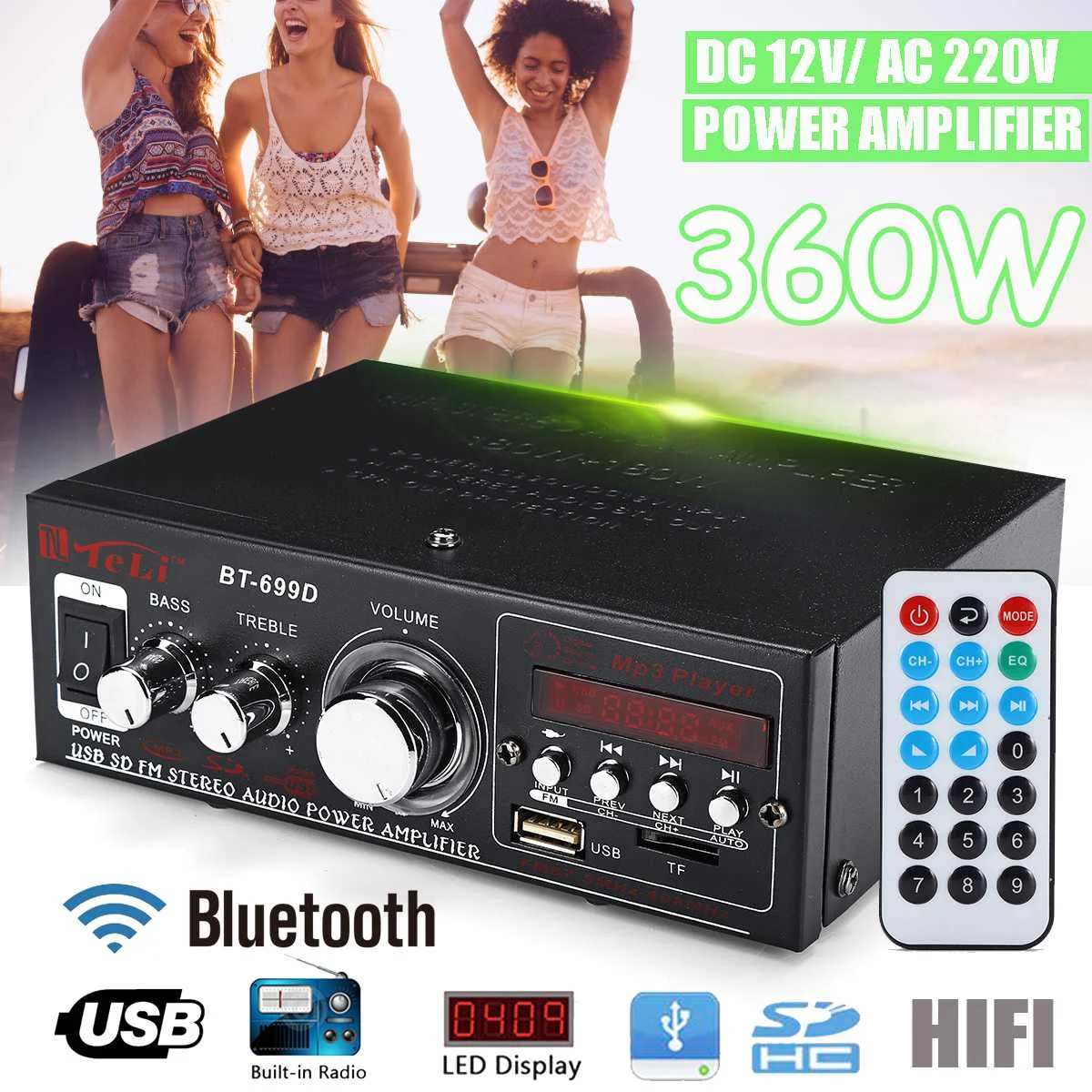 

180+180W HIFI Digital Audio Stereo Power Amplifier bluetooth FM Radio 2CH 12V/220V Home Car Amplificador Audio Musici Player