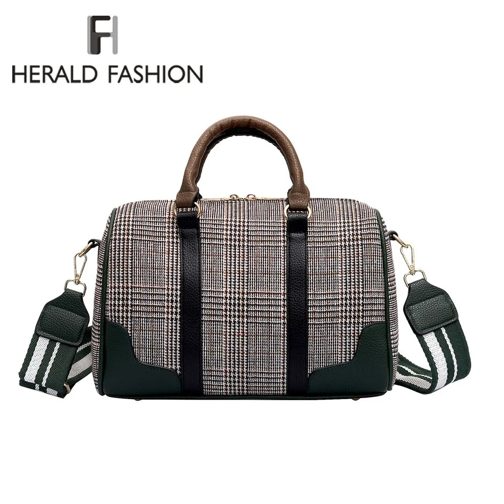 

Herald Fashion Women Leather Handbag Plaid Pattern Casual Tote bag Quality Canvas Female Shoulder Bag Wide Strap Top-handle bag
