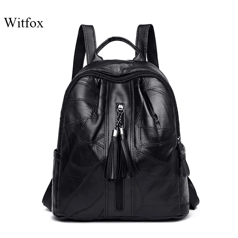 

Witfox genuine leather Preppy Style Backpack for college school bag pack carry book package tassel sheep skin cell phone packet
