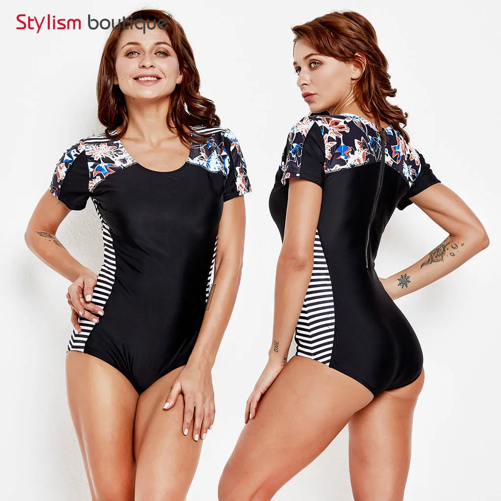الأزهار المطبوعة قطعة واحدة ملابس السباحة تصفح Rashguard قصيرة الأكمام ملابس السباحة طفح الحرس المرأة البريدي ثوب السباحة 2019