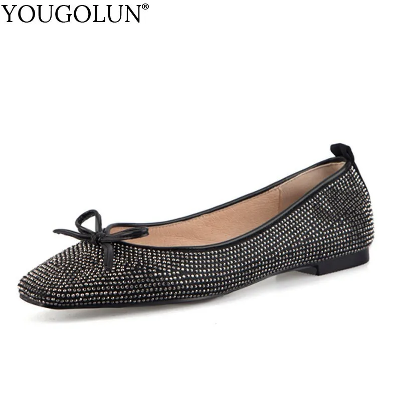 

Women Crystal Loafers Flat Shoes Spring New 2019 Ladies Square Toe Casual Flats Fashion Woman Black Gold Silver Bow Shoes A140