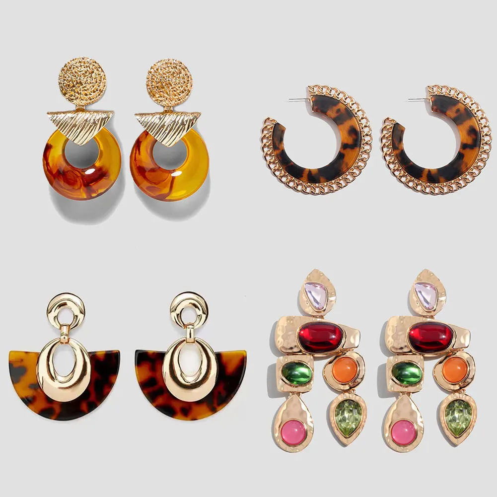 

Flatfoosie ZA Resin Acrylic Dangle Earrings For Women Crystal Round Heart Boho Leopard Vintage Golden Punk Drop Earring Jewelry