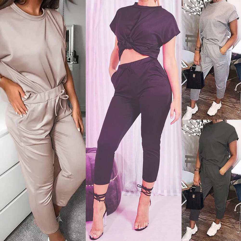 

2018 summer clothes for women solid color casual suits short sleeve t-shirt and pant loose fashion 2 piece set women