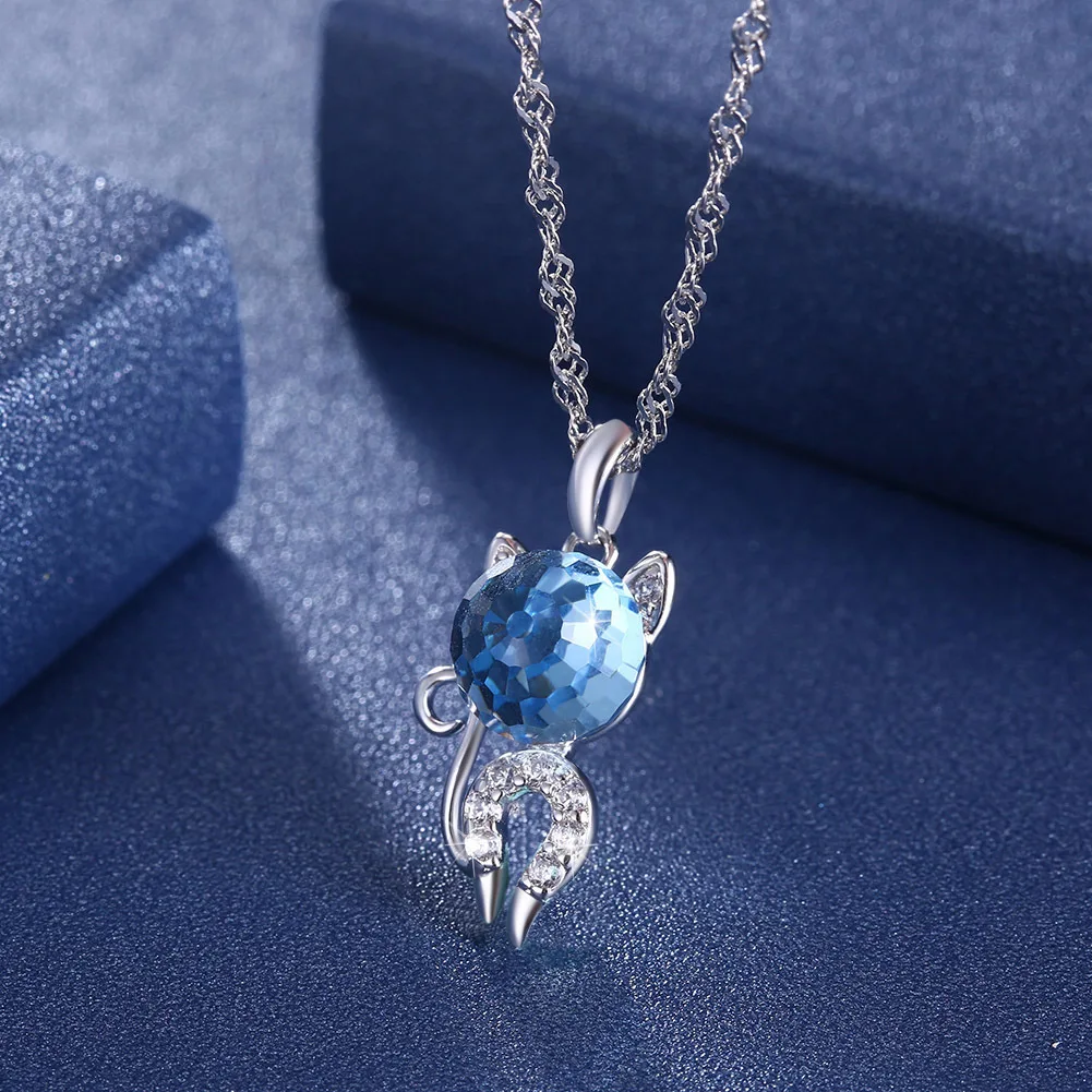 

925 sterling silver cute cat pendant with round blue crystal stone pendant necklace for women fine wedding jewelry