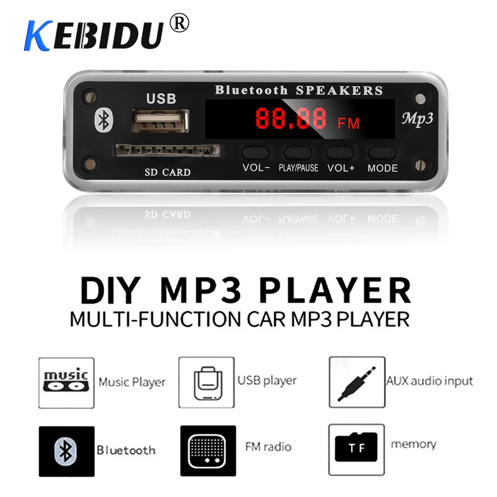 

Kebidu Wireless Bluetooth MP3 Player Decoder Board Module Support USB TF Radio FM AUX 5V 12V WMA MP3 Audio For Car For Phone