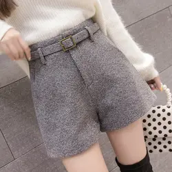 2019 зимние элегантные шерстяные шорты женские повседневные с высокой талией широкие шорты Harajuku карманы женские шорты плюс размер Короткие