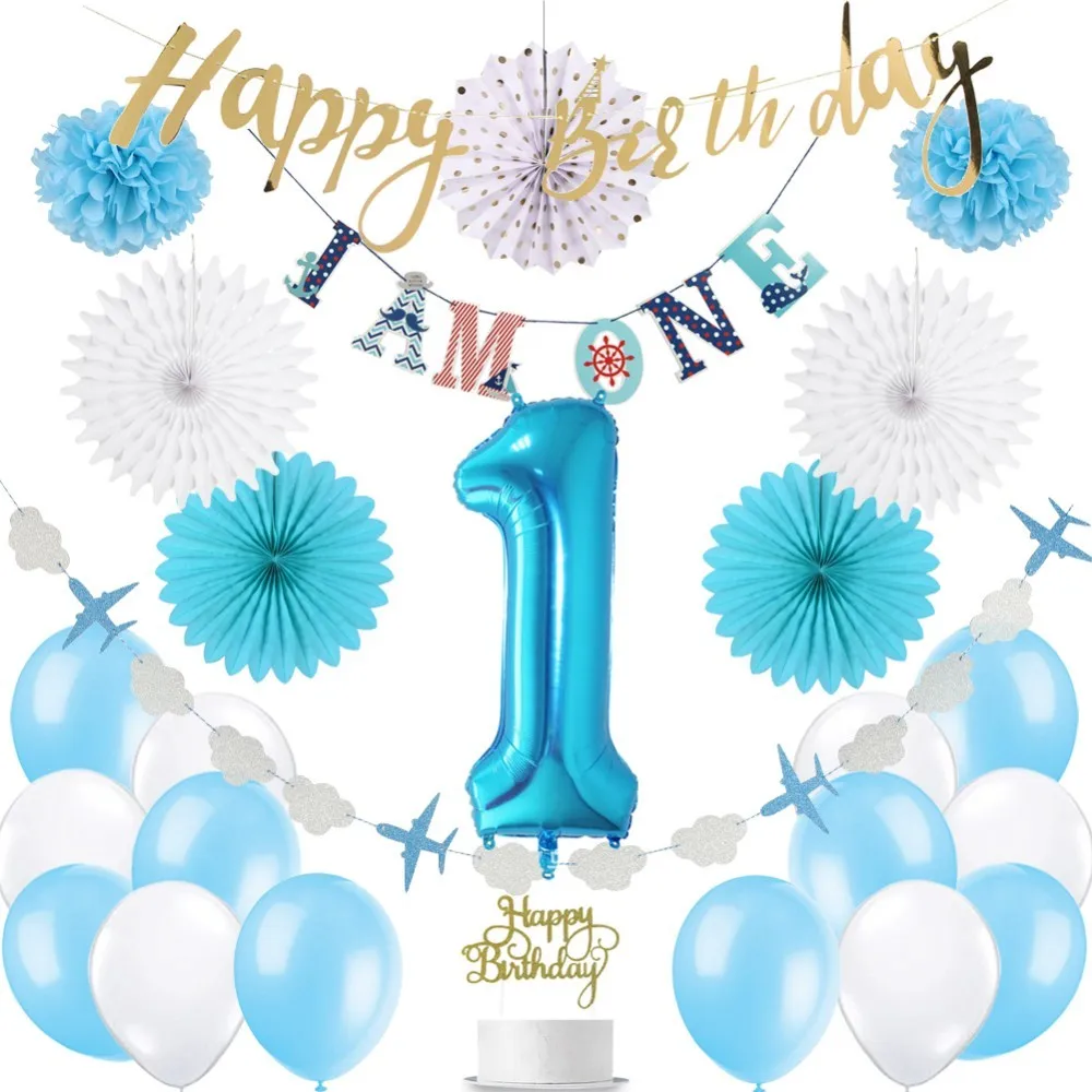 First Birthday Boy Party 1st Decor 28pcs/set With I AM ONE Banner Latex Balloon Paper Rosette Fans For Kids | Дом и сад