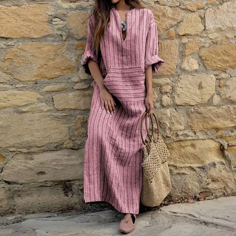 

ZANZEA Vintage Striped Dress 2019 Autumn Women Casual V Neck Full Sleeve Floor Length Maxi Long Dress Elegant Vestido Plus Size