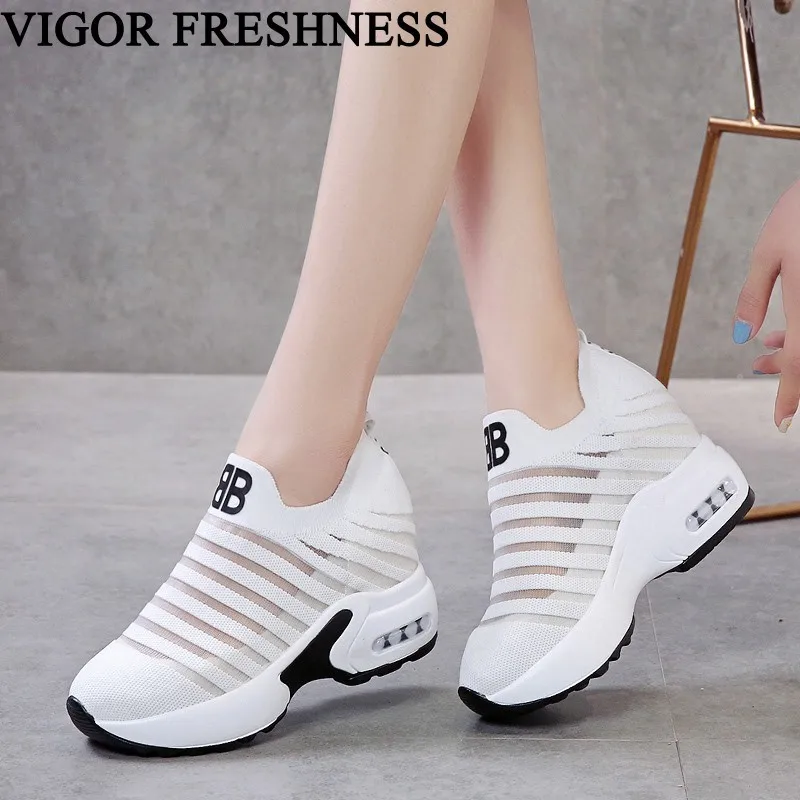 

VIGOR FRESHNESS Shoes Summer Women Sneakers Mesh 9CM Heels White Sneakers Increase Internal Woman Platform Shoes Spring WY533