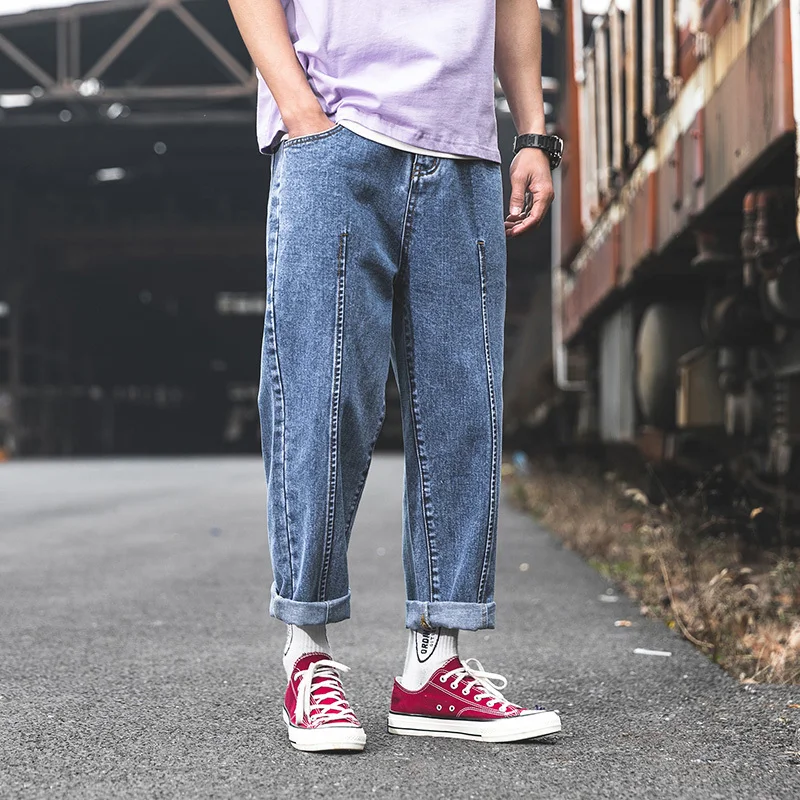 Новые весенние джинсы для мужчин мода промывают сплошной цвет повседневное прямые джинсовые штаны Street хип хоп свободные ковбойские