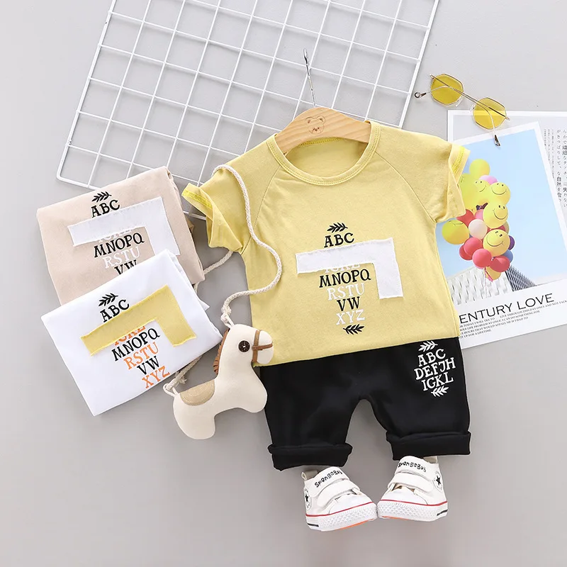 

New Summer Children Baby Boys Girls Tracksuits Cartoon Infant Letter Patch Round Neck Short Sleeve 2Pcs/Sets Toddler Cotton Suit