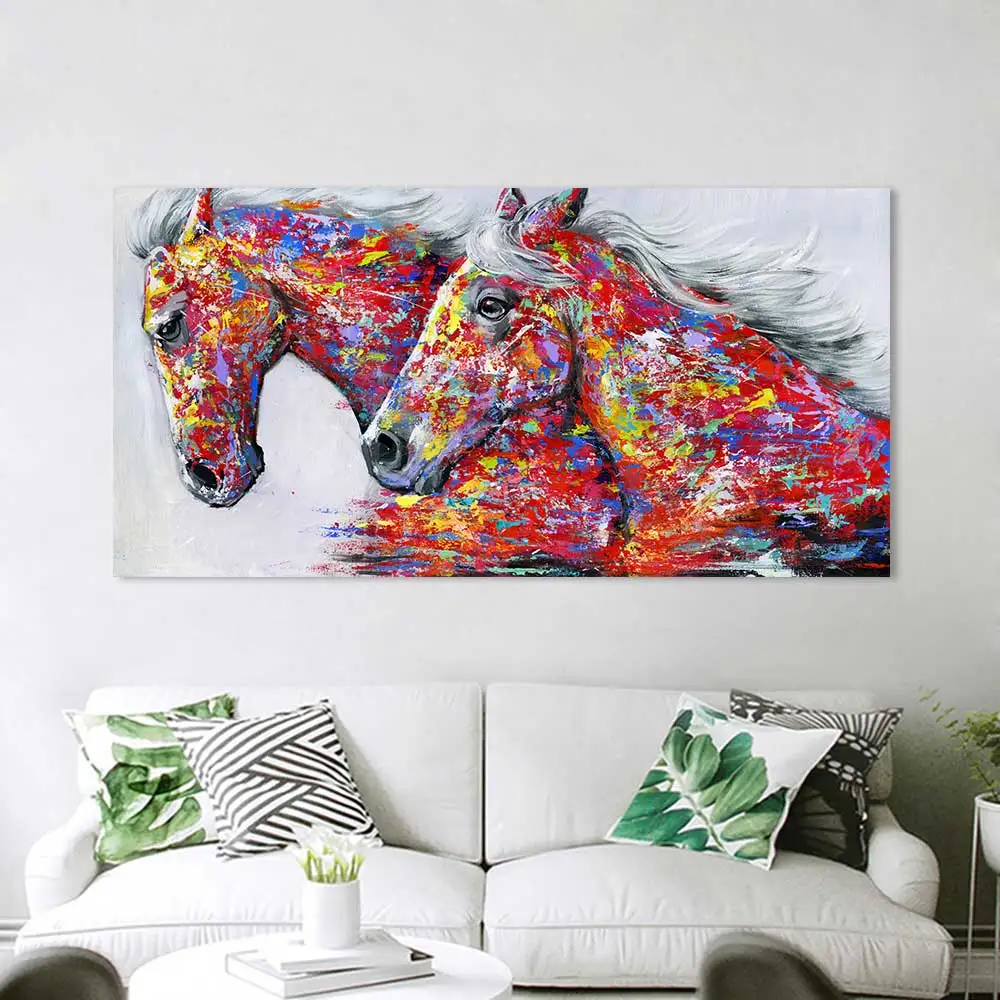HDARTISAN Wall Art Picture Canvas Oil Painting Animal Print For Living Room Home Decor The Two Running Horse No Frame