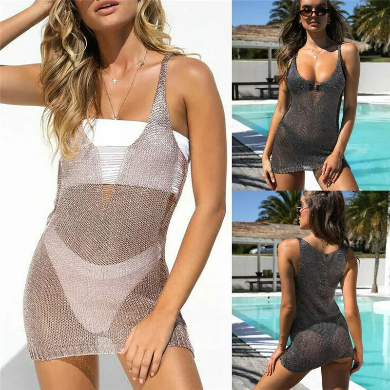 

2019 Women Bikini Cover Up Swimwear Summer Beach Slim V Neck Blouse Shirt Dress One Piece Knitted Sheer Cover-Ups